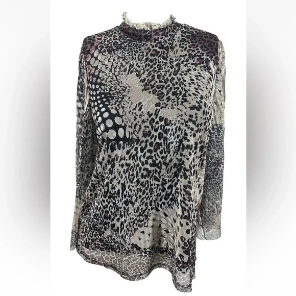 Chicos Animal Print 3/4 Bell Sleeves Mock Neck Top Sheer Stretch Lined S… - Picture 1 of 7